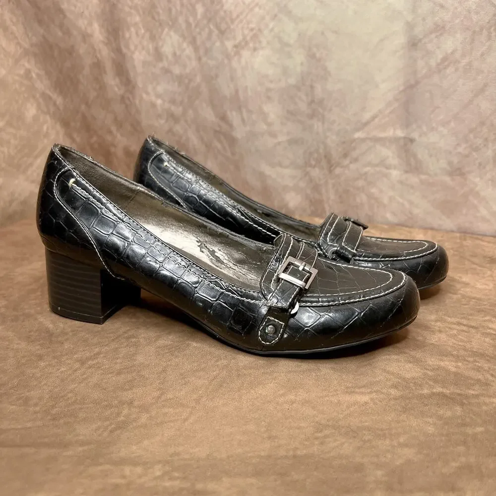 Naturalizer Mini Mary Jane Pumps Clogs Faux Alligator Black Accent Buckle Indie